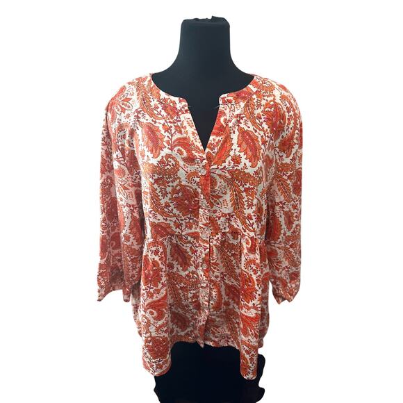 CYNTHIA ROWLEY | Linen Blend Paisley Boho Blouse Orange Pink Flowy Top | 2X - Picture 2 of 7